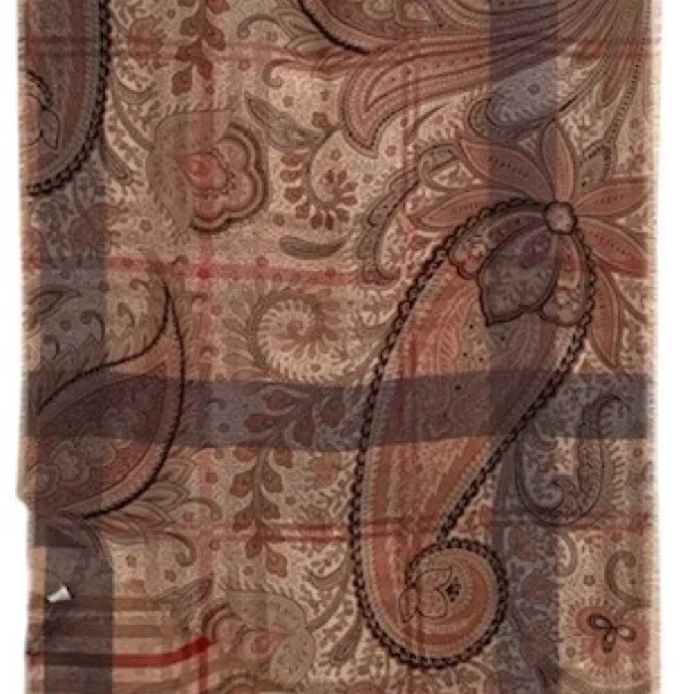 VTG Sheer Plaid Paisley Scarf Neutral Tan Gray Red-Burgundy